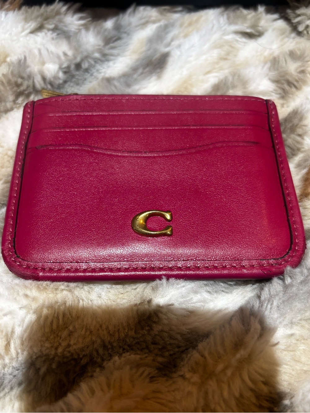 Coach Deep Raspberry Essential Leather Card Case with Gold C Hardware